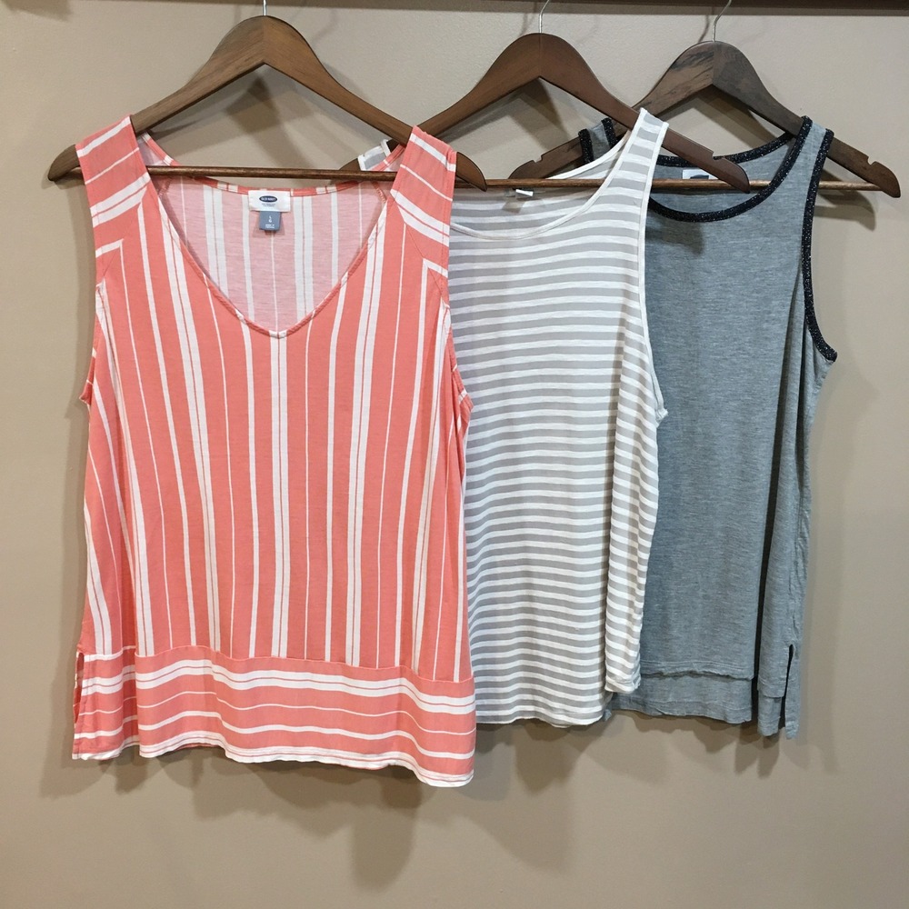 Lot 3 Old Navy Tank Top Bundle Womens L Pink Cream Gray Stripe Casual Coastal